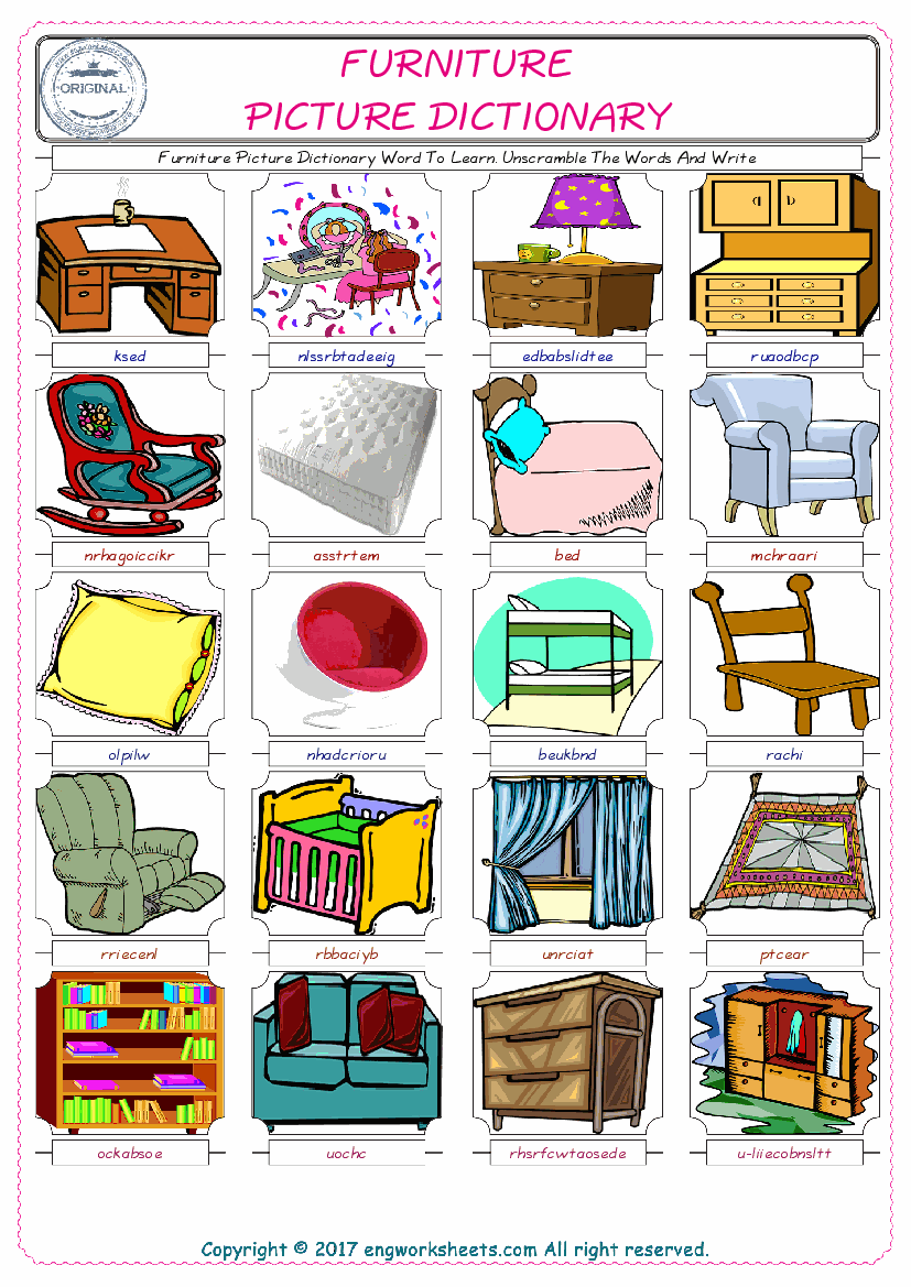  Furniture ESL Worksheets For kids, the exercise worksheet of finding the words given complexly and supplying the correct one. 